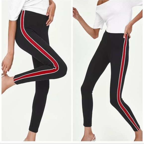 ZARA Trafaluc Piped Side Red Stripes Black Mid Rise Black Leggings Size L - Picture 1 of 10